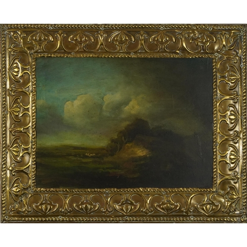 1725 - Rural landscape, Old Master style oil on board housed in an embossed Art Nouveau style brass frame, ... 