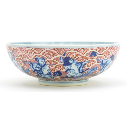 328 - Chinese blue and white with iron red porcelain bowl, hand painted with eight immortals and an elder ... 