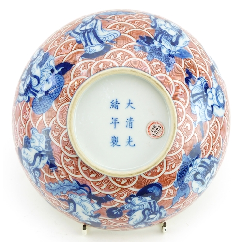 328 - Chinese blue and white with iron red porcelain bowl, hand painted with eight immortals and an elder ... 