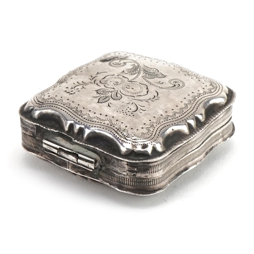 267 - Antique continental silver snuff box, the hinged lid engraved with flowers, indistinct impressed mar... 