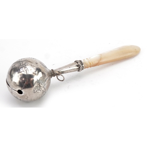French 19th century silver babies rattle with carved mother of pearl