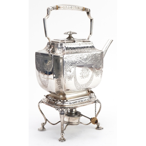 72 - Henry Atkin, Victorian silver teapot on stand with burner raised on four pad feet, the teapot profus... 