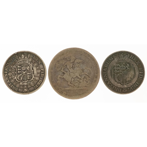 545 - Three George III silver coins comprising 1820 crown, 1816 half crown large head and 1820 half crown