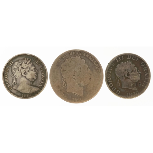 545 - Three George III silver coins comprising 1820 crown, 1816 half crown large head and 1820 half crown