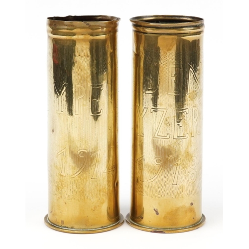 1734 - Pair of military interest World War I trench art shell vases engraved Yper 1914 and Den Yzer 1918, e... 