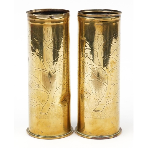 1734 - Pair of military interest World War I trench art shell vases engraved Yper 1914 and Den Yzer 1918, e... 