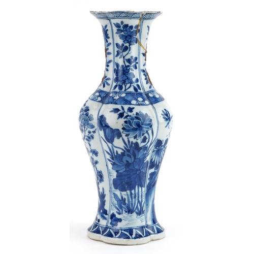 379 - Chinese blue and white porcelain vase hand painted with panels of flowers, Kangxi leaf mark to the b... 