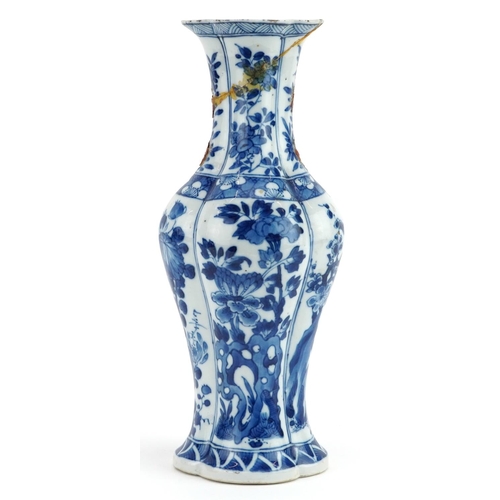 379 - Chinese blue and white porcelain vase hand painted with panels of flowers, Kangxi leaf mark to the b... 