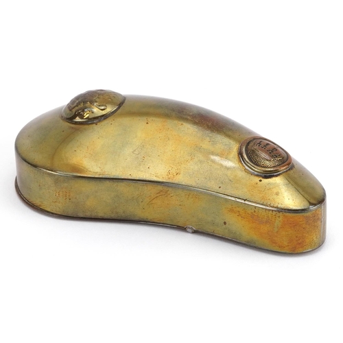 1738 - 19th century military interest brass epaulette and button design snuff box, 12.5cm wide