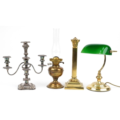 1389 - Metalware and sundry items including brass bankers lamp with adjustable glass shade, three branch ca... 