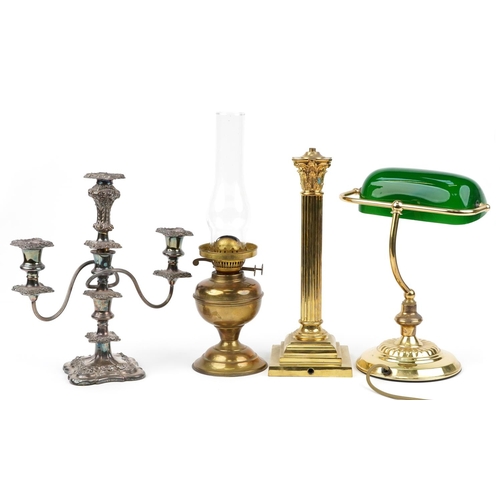 1389 - Metalware and sundry items including brass bankers lamp with adjustable glass shade, three branch ca... 