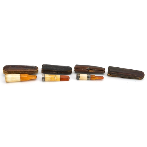 80 - Three early 20th century cigarette holders with amber coloured mouthpieces, two with silver mounts, ... 