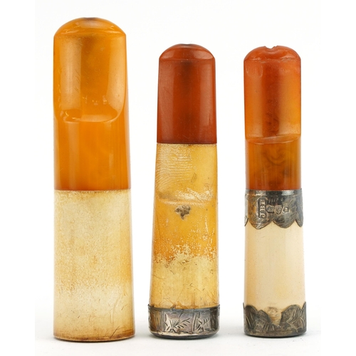 80 - Three early 20th century cigarette holders with amber coloured mouthpieces, two with silver mounts, ... 