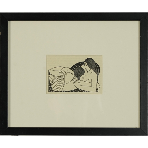 295 - Eric Gill - Two reclining nude females, wood engraving, various inscriptions verso including Song of... 