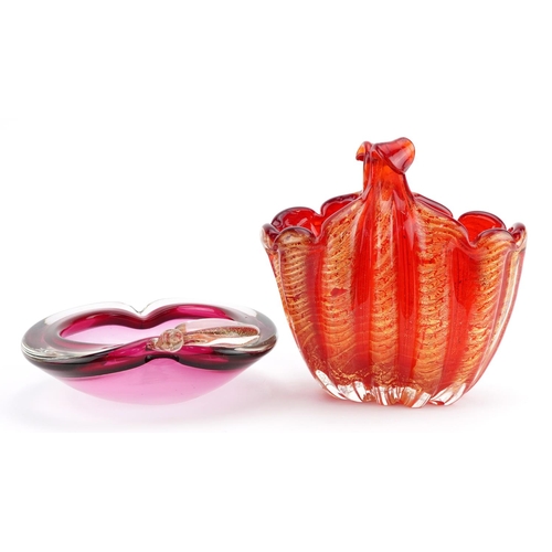 345 - Murano gold flecked ruby glass basket vase and a two colour apple design dish, each 18cm wide