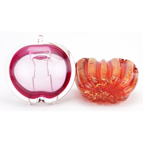 345 - Murano gold flecked ruby glass basket vase and a two colour apple design dish, each 18cm wide