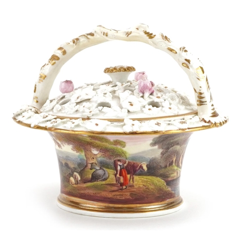 64 - Early 19th century Chamberlain's Worcester floral encrusted pot pourri basket and cover hand painted... 