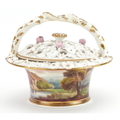 64 - Early 19th century Chamberlain's Worcester floral encrusted pot pourri basket and cover hand painted... 