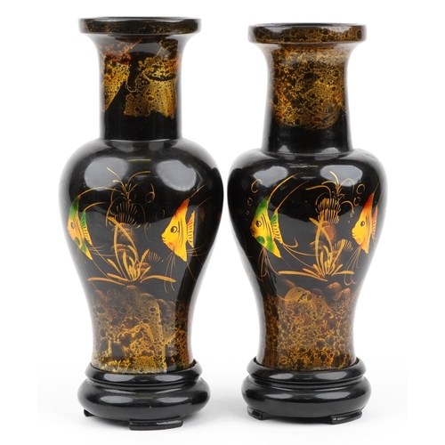 218 - Pair of Chinese black lacquered yen yen vases gilded with fish, 38.5cm high