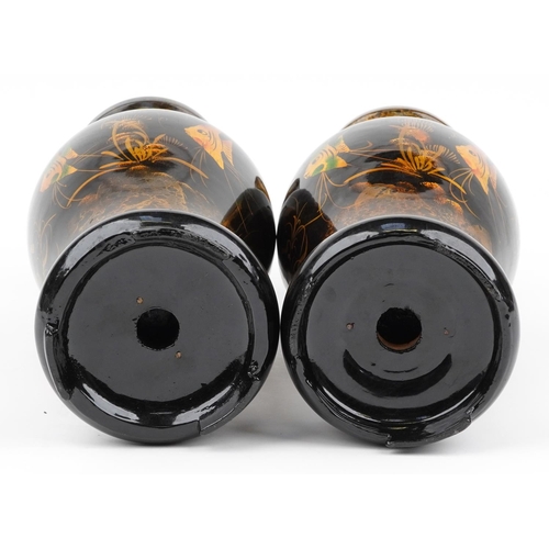 218 - Pair of Chinese black lacquered yen yen vases gilded with fish, 38.5cm high