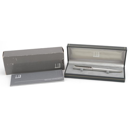 39 - Dunhill white metal rollerball pen with fitted case, booklet and box