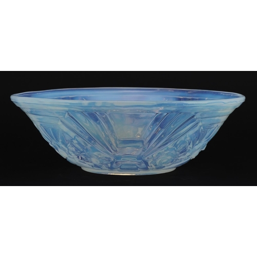 257 - Jobling, Art Deco opalescent glass bowl modelled with stylised flowers, 21.5cm in diameter