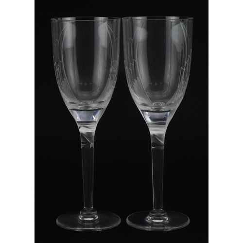 6 - Lalique, pair of French frosted and clear glass Angel of Reins Champagne flutes with box, each etche... 