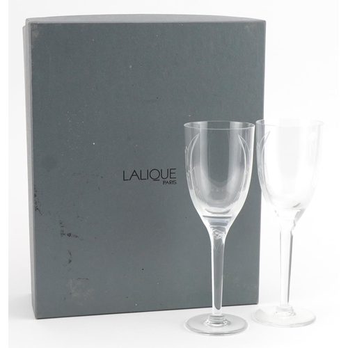 6 - Lalique, pair of French frosted and clear glass Angel of Reins Champagne flutes with box, each etche... 