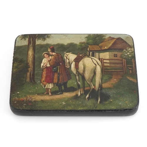 189 - Russian papier mache lacquered cigarette box with hinged lid, hand painted with a Cossack and horse ... 