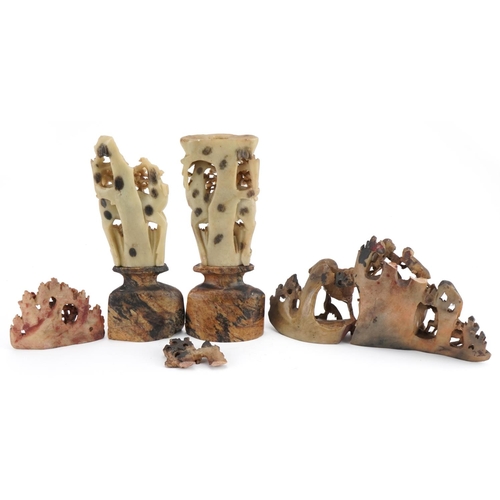 1380 - Chinese soapstone carvings including a pair of deer carvings on stand, the largest 21cm high