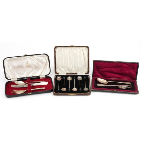 516 - Silver flatware with cases comprising set of six coffee bean spoons, Viner's three piece christening... 