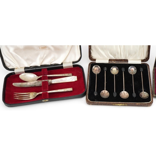 516 - Silver flatware with cases comprising set of six coffee bean spoons, Viner's three piece christening... 