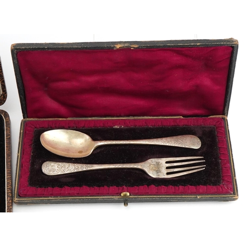 516 - Silver flatware with cases comprising set of six coffee bean spoons, Viner's three piece christening... 