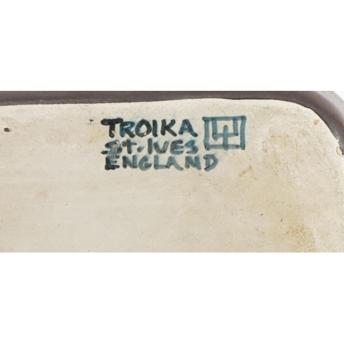 92 - Troika St Ives pottery tray hand painted and incised with an abstract design, 30cm wide