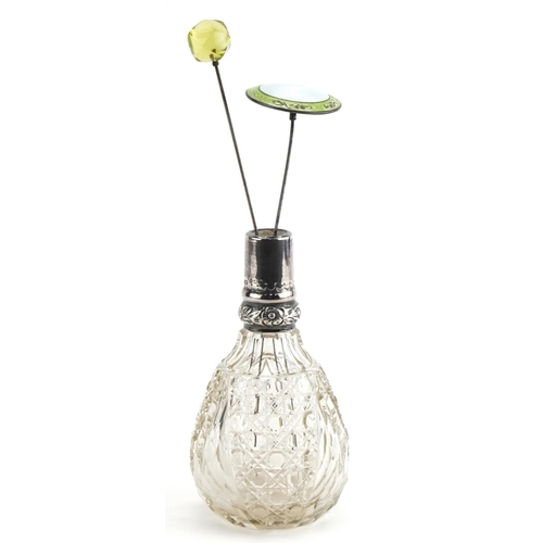 518 - Cut glass scent bottle with silver mount and two hatpins including one with green and white guilloch... 