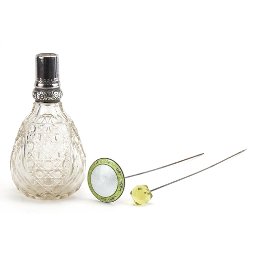 518 - Cut glass scent bottle with silver mount and two hatpins including one with green and white guilloch... 