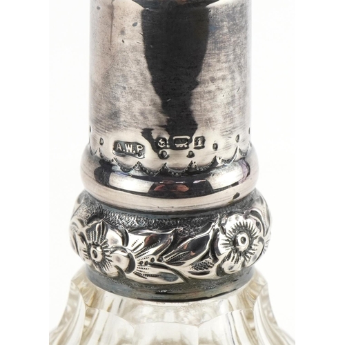 518 - Cut glass scent bottle with silver mount and two hatpins including one with green and white guilloch... 