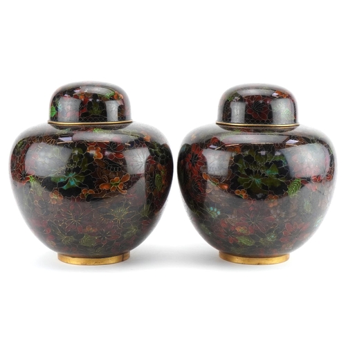 107 - Pair of large Chinese cloisonne ginger jars with covers enamelled with flowers, each 26cm high