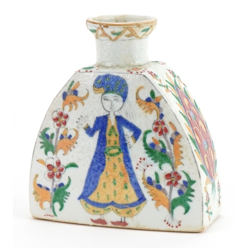 16 - Turkish Ottoman pottery water flask hand painted with figures and stylised flowers, 17cm high