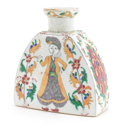 16 - Turkish Ottoman pottery water flask hand painted with figures and stylised flowers, 17cm high