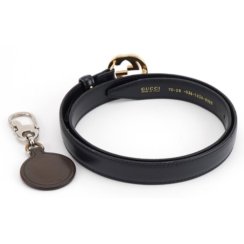 367 - Gucci, ladies black leather Monogram leather belt and Gucci keyring