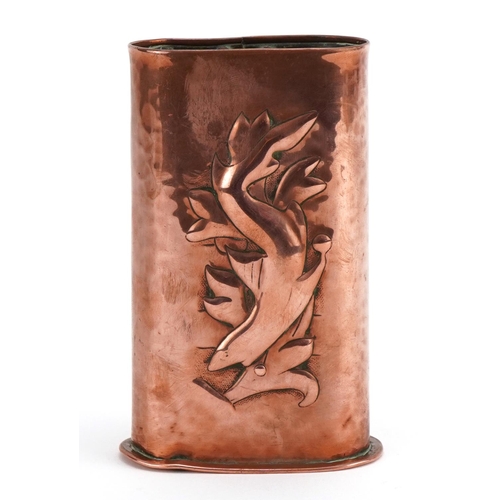 392 - Manner of Newlyn, Arts & Crafts planished copper vase embossed with a stylised fish, 13cm high