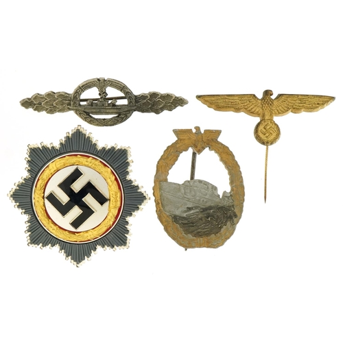 1726 - Three German military interest badges and an eagle stickpin