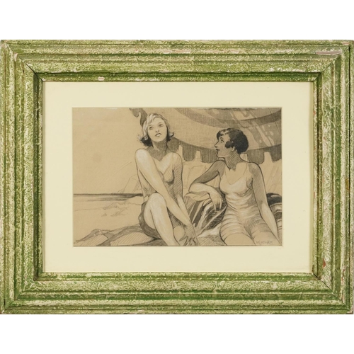 228 - M Latham - Two Art Deco females sunbathing, heightened mixed media, mounted, framed and glazed, 25.5... 