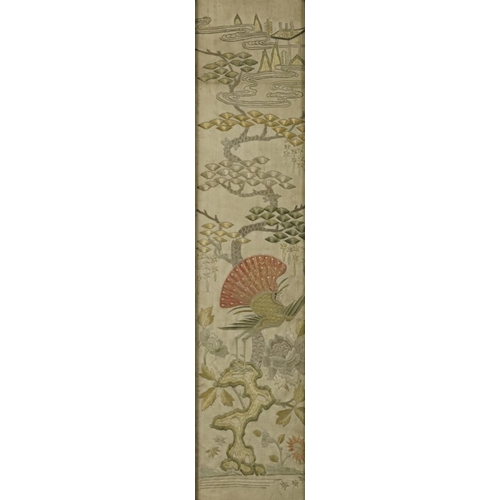 50 - Birds amongst flowers, pair of Chinese silk embroideries, framed and glazed, each 51cm x 11cm exclud... 