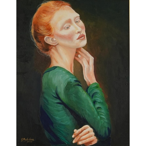 521 - Clive Fredriksson - Portrait of a female wearing a green dress, oil on board, housed in an ornate gi... 
