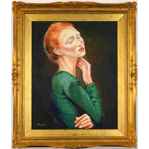 521 - Clive Fredriksson - Portrait of a female wearing a green dress, oil on board, housed in an ornate gi... 