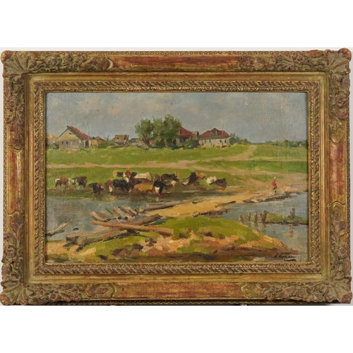 117 - Grazing cattle beside a river, continental Post Impressionist school oil on board, mounted and frame... 