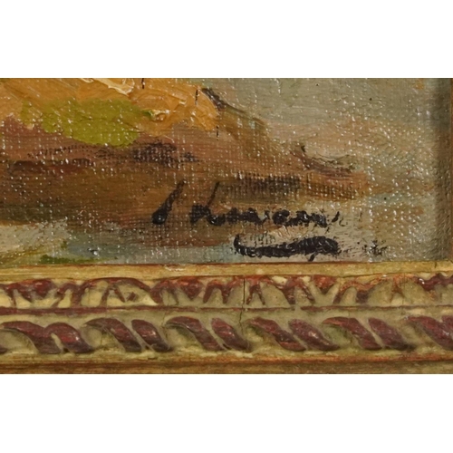 117 - Grazing cattle beside a river, continental Post Impressionist school oil on board, mounted and frame... 