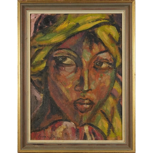 195A - Portrait of a female wearing a headscarf, African school oil on canvas, mounted and framed, 40.5cm x... 